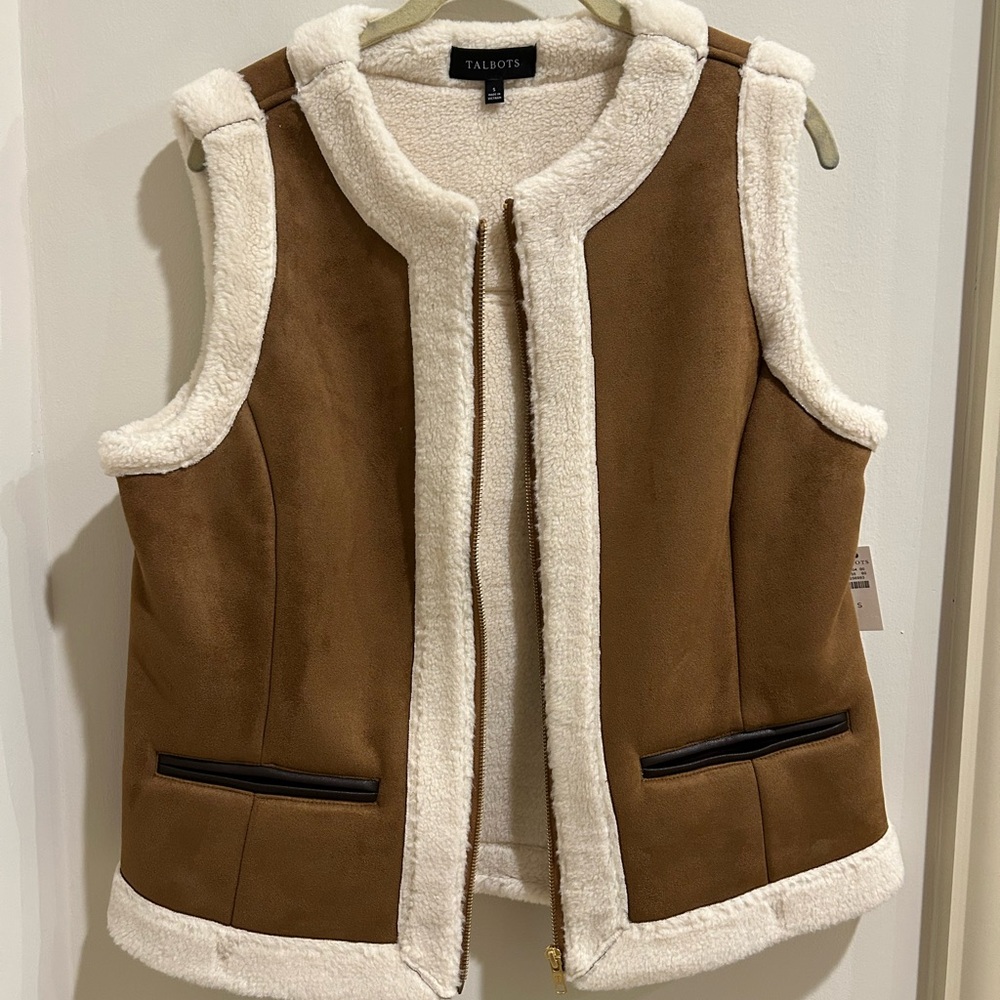 Talbots Tan and Cream Women's Faux Shearling Vest w Full Length Zipper